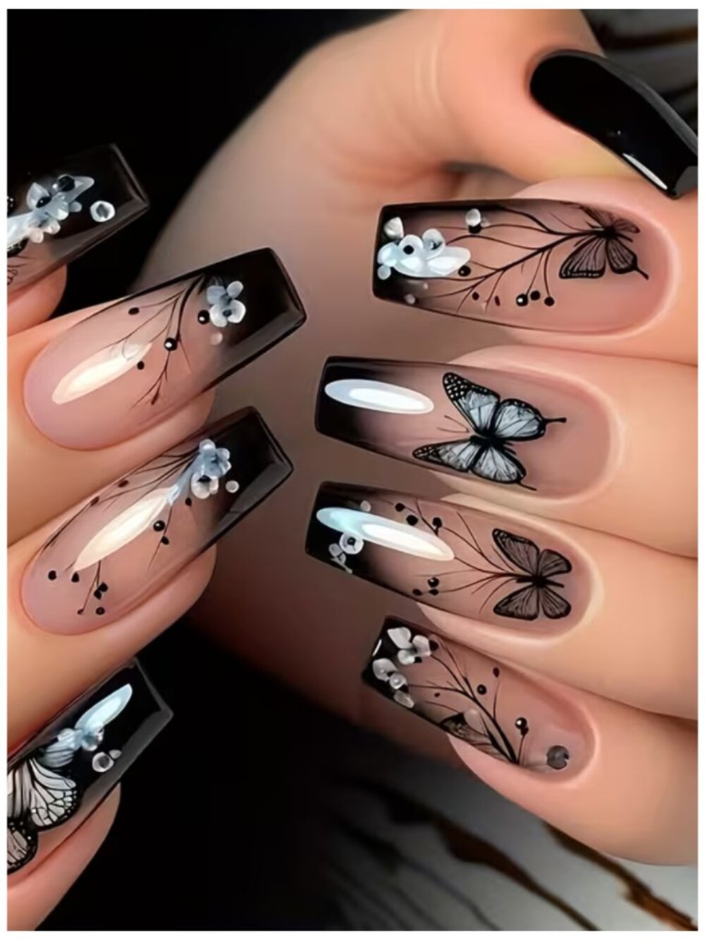 NWT Long Coffin Press On Nails Black Ombre Butterfly Nail Art Reusable